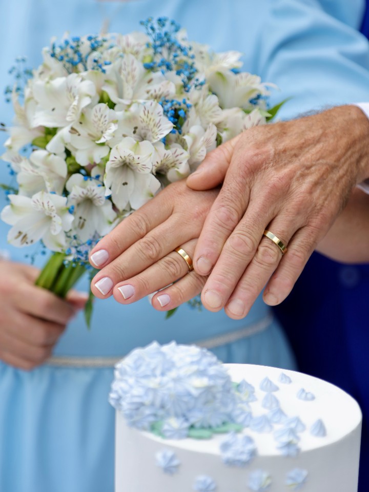 Detalhe das alianças e do buquê de um casal